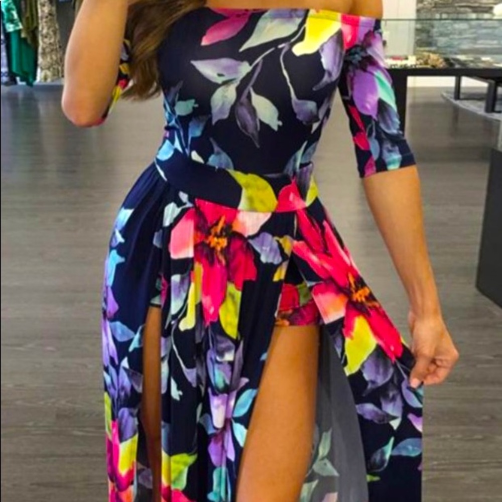 High Slit Print Off Shoulder Maxi Romper Dress